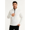 Erkek Dik Yaka Yarım Fermuarlı 3 İplik Pamuklu Sweatshirt - Beyaz