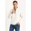 Erkek Dik Yaka Yarım Fermuarlı 3 İplik Pamuklu Sweatshirt - Beyaz
