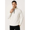 Erkek Dik Yaka Yarım Fermuarlı 3 İplik Pamuklu Sweatshirt - Beyaz