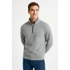 Erkek Dik Yaka Yarım Fermuarlı 3 İplik Pamuklu Sweatshirt - Gri
