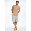 Erkek Fitilli Atlet Sıfır Yaka Slim Fit Arka Baskılı Spor Atlet - Bej
