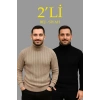 Erkek Fitilli Kazak Tam Boğazlı Balıkçı Yaka Triko 2li Set Bej-Siyah