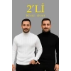 Erkek Fitilli Kazak Tam Boğazlı Balıkçı Yaka Triko 2li Set Beyaz-Siyah
