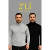 Erkek Fitilli Kazak Tam Boğazlı Balıkçı Yaka Triko 2li Set Gri-Siyah