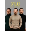Erkek Fitilli Kazak Tam Boğazlı Balıkçı Yaka Triko 3lü Set  Bej-Haki-Siyah