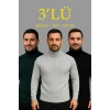 Erkek Fitilli Kazak Tam Boğazlı Balıkçı Yaka Triko 3lü Set  Gri-Haki-Siyah