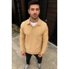 Erkek Fitilli Polar Sweatshirt Düğmesiz Yaka Oversize - Bej