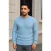 Erkek Fitilli Triko Bisiklet Yaka Kalın Kazak 3lü Set Bej-Bebek Mavisi-Siyah