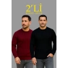 Erkek Fitilli Triko Kazak 2’li Set Siyah Bordo Kalın Dokuma Pamuklu Regular Fit Bisiklet