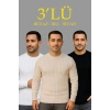 Erkek Fitilli Triko Kazak 3’lü Set Bej Beyaz Siyah | Kalın Dokuma Pamuklu Regular Fit
