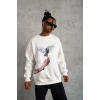 Erkek Güvercin Baskılı 3 iplik pamuklu Bisiklet Yaka Sweatshirt - Beyaz