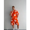 Erkek İki İplik Kumaş Oversize Baskılı T-shirt Şortlu ikili Alt-Üst Takım- Turuncu