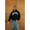 Erkek Kapüşonlu 3 İplik Şardonlu Önü Baskılı Fermuarlı Oversize Sweatshirt - Siyah
