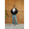 Erkek Kapüşonlu 3 İplik Şardonlu Önü Baskılı Fermuarlı Oversize Sweatshirt - Siyah