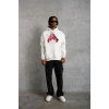 Erkek Kapüşonlu Cepli Boks Eldiven Baskılı 3 İplik Sweatshirt Hoodie - Beyaz