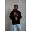 Erkek Kapüşonlu Cepli Box Eldiven Baskılı 3 İplik Sweatshirt Hoodie - Siyah