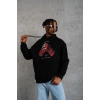 Erkek Kapüşonlu Cepli Box Eldiven Baskılı 3 İplik Sweatshirt Hoodie - Siyah