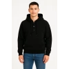 Erkek Kapüşonlu Hoodie Cepli Çıtçıtlı 3 İplik Pamuklu Sweatshirt - Siyah