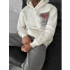 Erkek Kapüşonlu Kanguru Cepli Sweatshirt 3 İplik Pamuklu Baskılı Hoodie - Beyaz