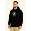 Erkek Kapüşonlu Kanguru Cepli Sweatshirt 3 İplik Pamuklu Baskılı Hoodie - Siyah