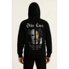 Erkek Kapüşonlu Kanguru Cepli Sweatshirt 3 İplik Pamuklu Baskılı Hoodie - Siyah