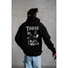 Erkek Kapüşonlu Kanguru Cepli Sweatshirt 3 İplik Pamuklu Baskılı Hoodie - Siyah
