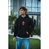 Erkek Kapüşonlu Kanguru Cepli Sweatshirt 3 İplik Pamuklu Baskılı Hoodie -  Siyah