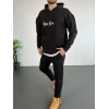 Erkek Kapüşonlu Kanguru Cepli Sweatshirt 3 İplik Pamuklu Baskılı Hoodie - Siyah