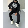 Erkek Kapüşonlu Kanguru Cepli Sweatshirt 3 İplik Pamuklu Baskılı Hoodie -  Siyah