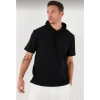 Erkek Kapüşonlu Tişört Kısa Kol Düz Oversize T-shirt - Siyah