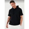 Erkek Kapüşonlu Tişört Kısa Kol Düz Oversize T-shirt - Siyah
