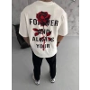 Erkek Kısa Kol Tişört Bisiklet Yaka GÜL Baskılı Oversize T-Shirt - Beyaz