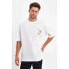 Erkek Kısa Kol Tişört Bisiklet Yaka MELEK Baskılı Oversize T-Shirt - Beyaz