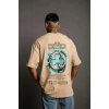 Erkek Kısa Kol Yazlık Tişört Bisiklet Yaka Baskılı Oversize T-Shirt - Bej