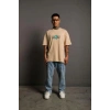 Erkek Kısa Kol Yazlık Tişört Bisiklet Yaka Baskılı Oversize T-Shirt - Bej