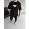 Erkek Kısa Kol Yazlık Tişört Bisiklet Yaka Baskılı Oversize T-Shirt - Siyah