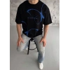 Erkek Kısa Kol Yazlık Tişört Bisiklet Yaka Baskılı Oversize T-Shirt - Siyah