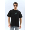 Erkek Kısa Kol Yazlık Tişört Bisiklet Yaka Baskılı Oversize T-Shirt - Siyah