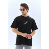 Erkek Kısa Kol Yazlık Tişört Bisiklet Yaka Baskılı Oversize T-Shirt - Siyah