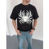 Erkek Örümcek Baskılı Tişört Kısa Kollu Bisiklet Yaka T-Shirt - Siyah