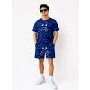 Erkek Oversize Kalıp Pubg Bape X Shark Nakışlı Cepli Şort Takım - Mavi