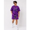 Erkek Oversize Kalıp Pubg Bape X Shark Nakışlı Cepli Şort Takım - Mor