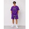 Erkek Oversize Kalıp Pubg Bape X Shark Nakışlı Cepli Şort Takım - Mor
