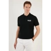 Erkek Polo Yaka Tişört Düğmeli Pike Baskılı T-Shirt - Siyah