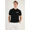 Erkek Polo Yaka Tişört Düğmeli Pike Baskılı T-Shirt - Siyah