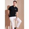 Erkek Polo Yaka Tişört Düğmeli Pike Baskılı T-Shirt - Siyah