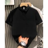 Erkek Polo Yaka Tişört Düğmeli Pike Düz T-Shirt - Siyah