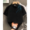 Erkek Polo Yaka Tişört Düğmeli Yıldırım Baskılı Pike T-Shirt - Siyah