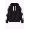 Erkek Şeritli Kapüşonlu Sweatshirt Oversize 3 iplik Pamuklu Hoodei - Siyah