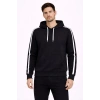 Erkek Şeritli Kapüşonlu Sweatshirt Oversize 3 iplik Pamuklu Hoodei - Siyah